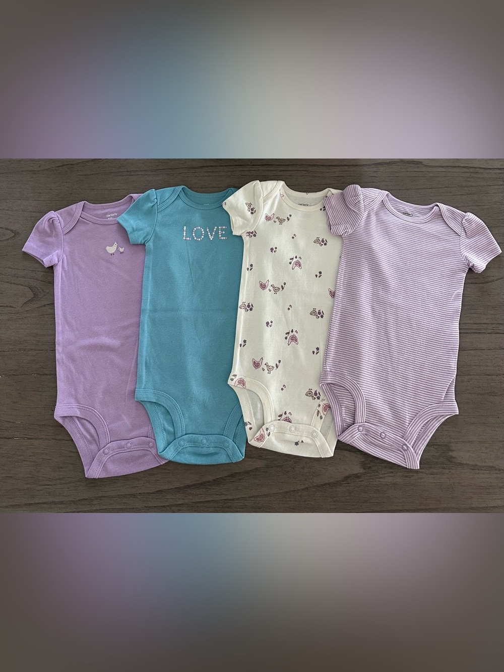Carter’s 4 Pack Girls 12 Mo. Bodysuits 💜 “Love”  Floral Stripes Short Sleeve